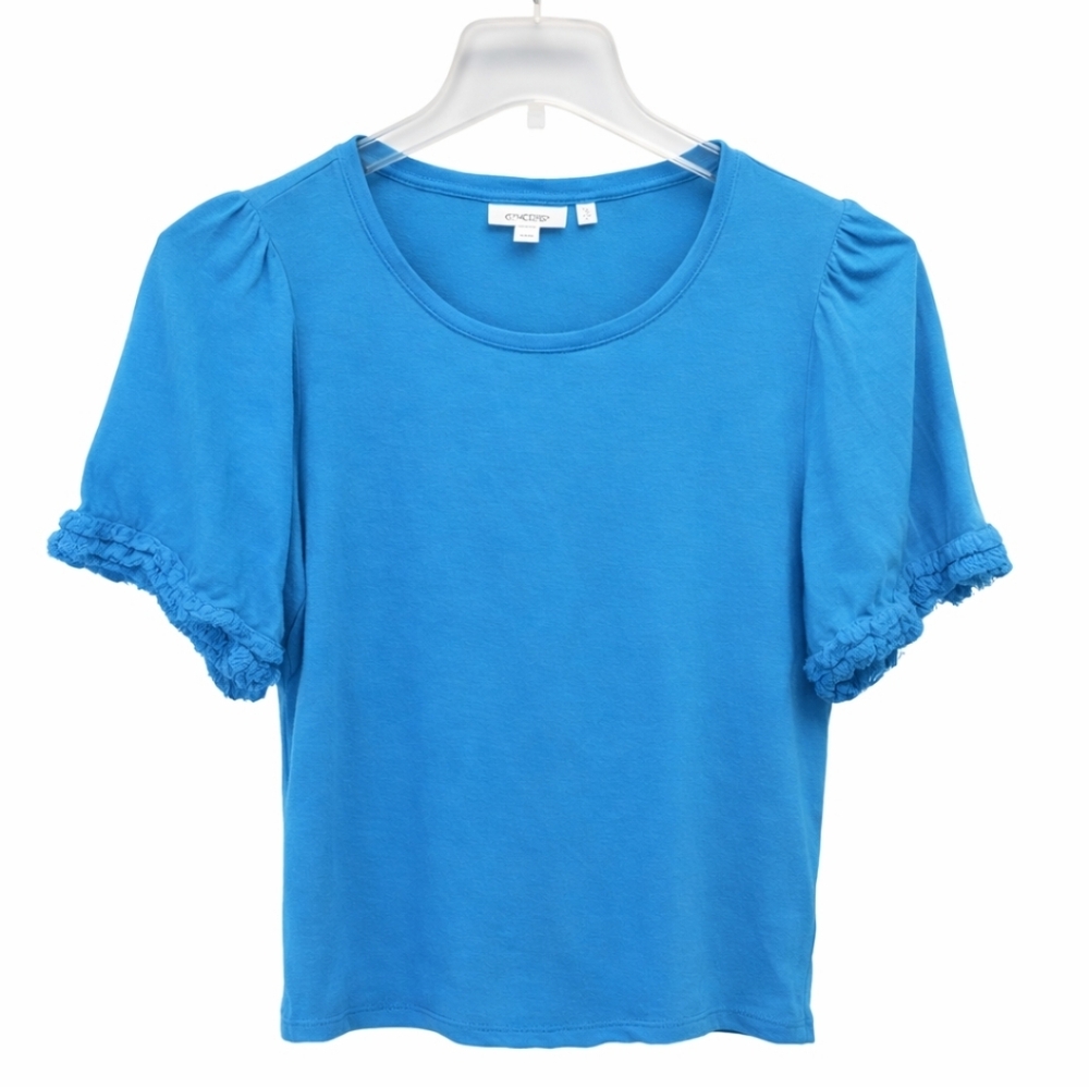 Chicos Blue 100% Linen Ruffled Short Sleeve Tee Sz 2 (Lg)